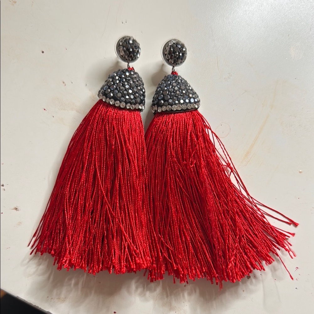 Red Tassel Earrings with Black Accents